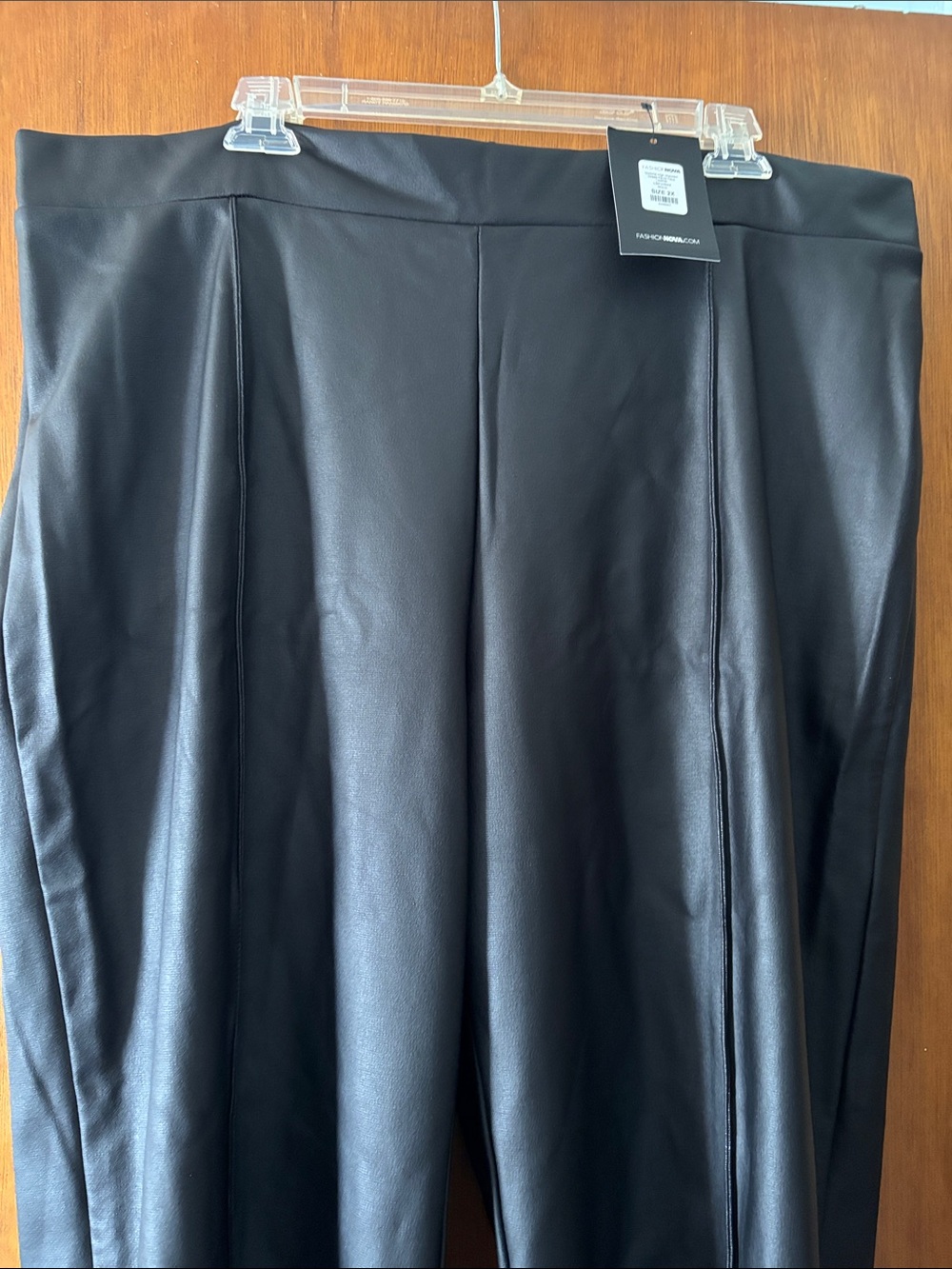 Fashion Nova Extra Long Black Faux Leather High-Rise Dress Pants